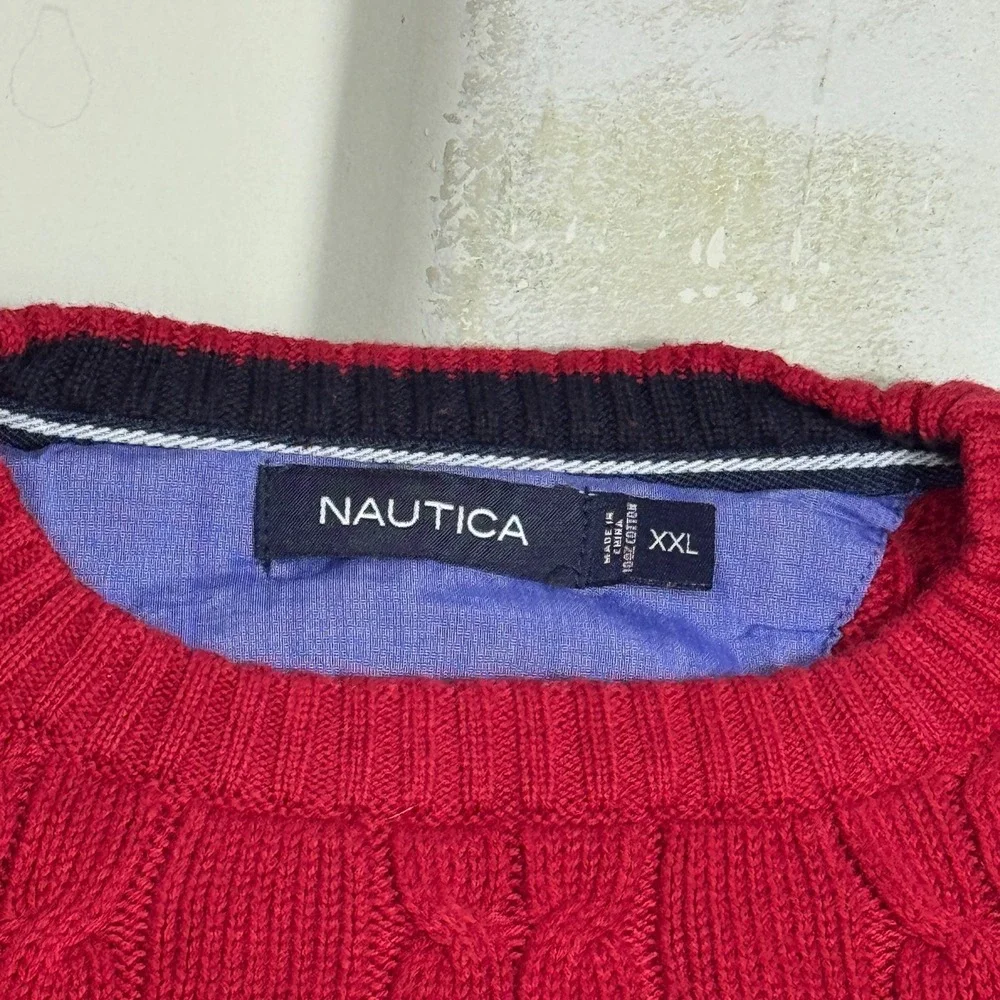 Nautica Mens Pullover Sweater Red Cable Knit Logo Crew Neck Long Sleeve Size 2XL